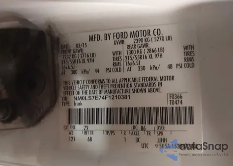 2015 Ford Transit Connect Xl z USA, uszkodzony, nr VIN NM0LS7E74F1210381